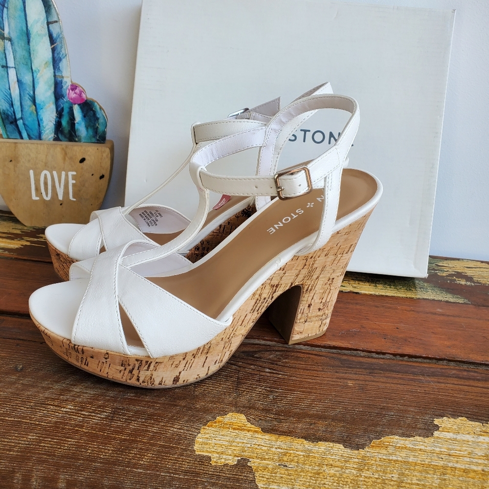 Sun + Stone White Tan Platform Heels with Cork Wedge